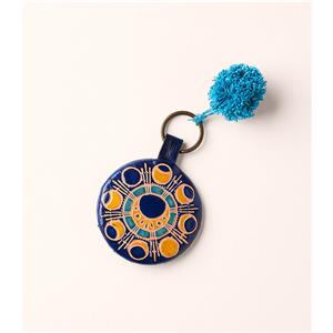 Genuine Leather Embosed Hand Mirror  Key Chain Navy Blue