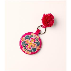 Genuine Leather Embosed Hand Mirror  Key Chain Pink