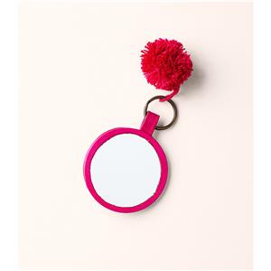 Genuine Leather Embosed Hand Mirror  Key Chain Pink