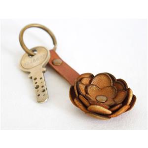 Genuine Leather Flower with Key Chain Brown